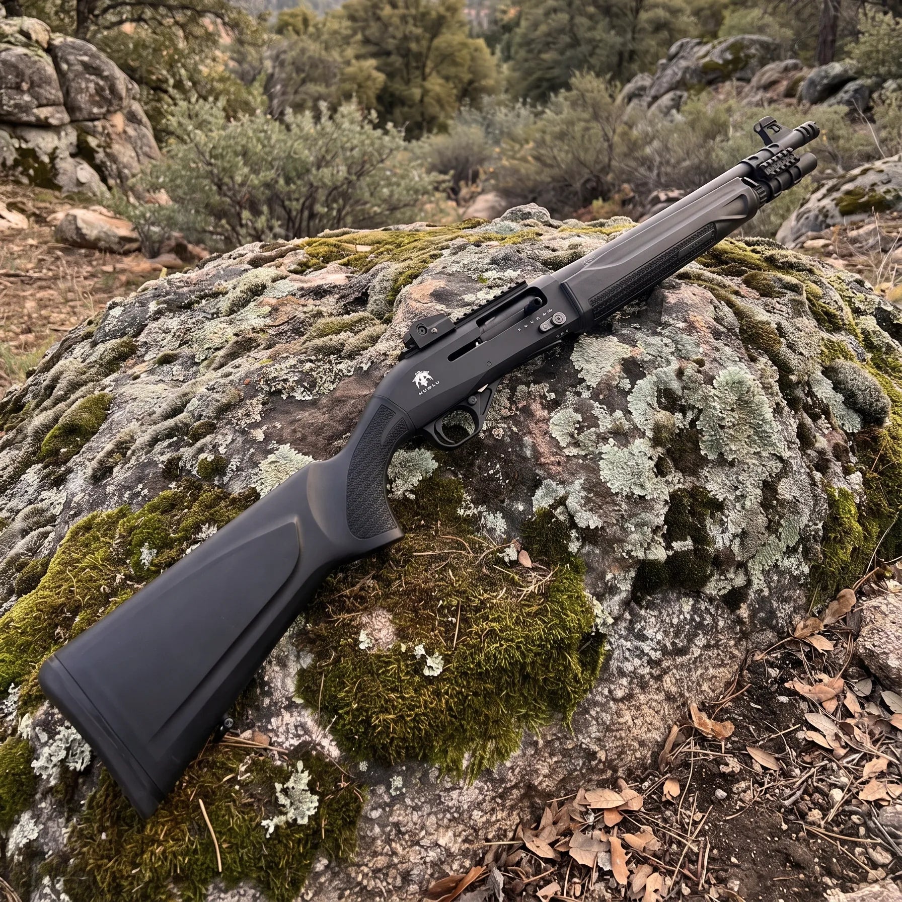 Escopeta semiautomática Huglu Veyron Tactic calibre 12/76 apoyada sobre rocas en un entorno natural