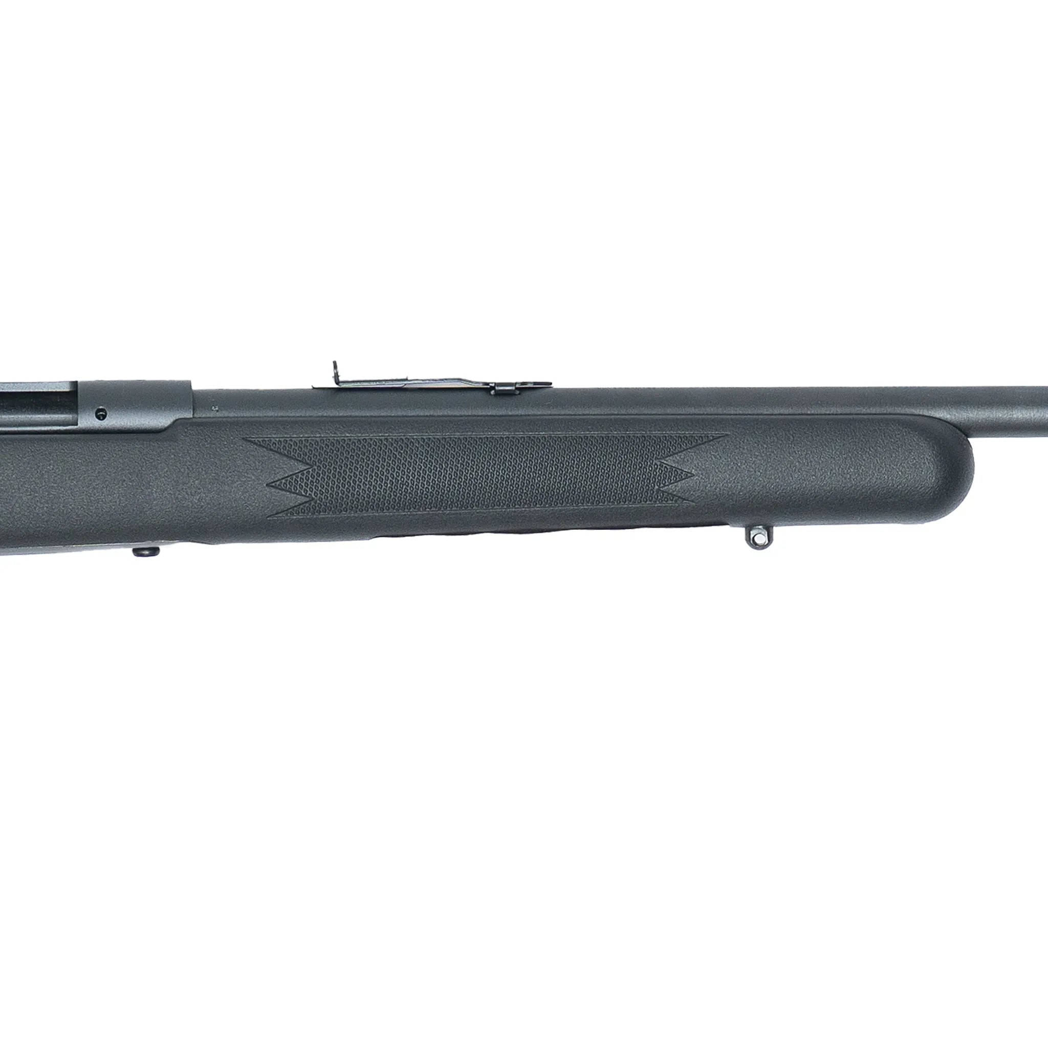 Detalle del guardamanos y empuñe sintético en rifle Savage Mod. 93.