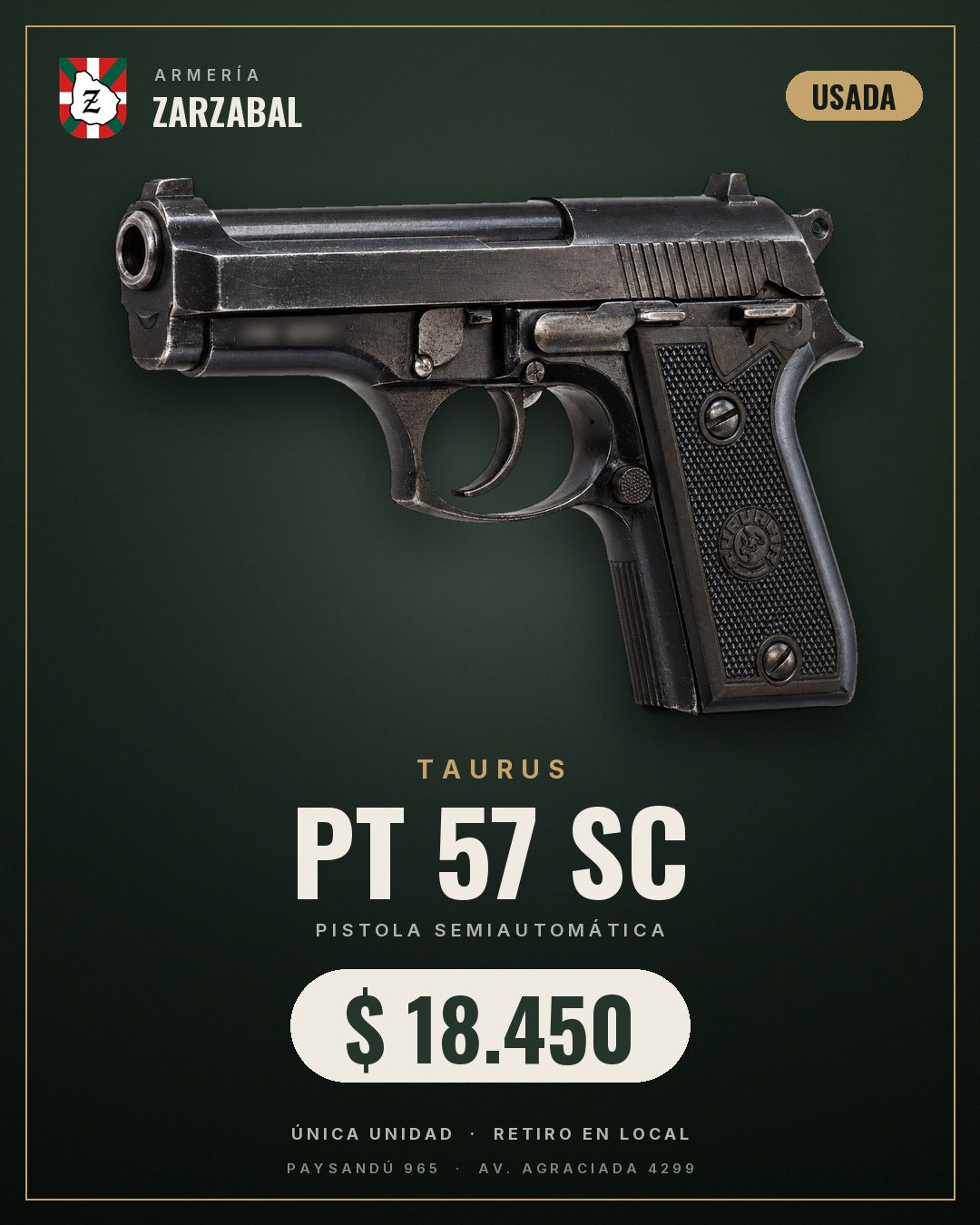 Pistola Taurus PT 57 SC Cal. 7,65mm - Usada