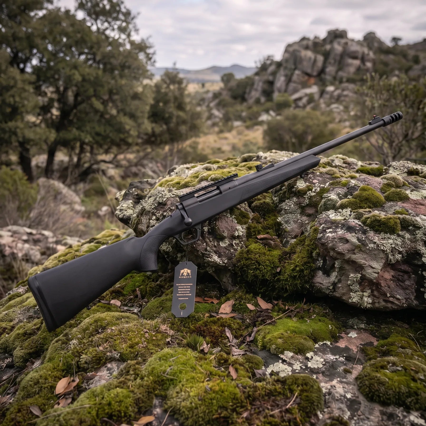 Rifle Huglu Ovis G2 Synthetic calibre .308 Winchester apoyado sobre rocas en un entorno natural de caza