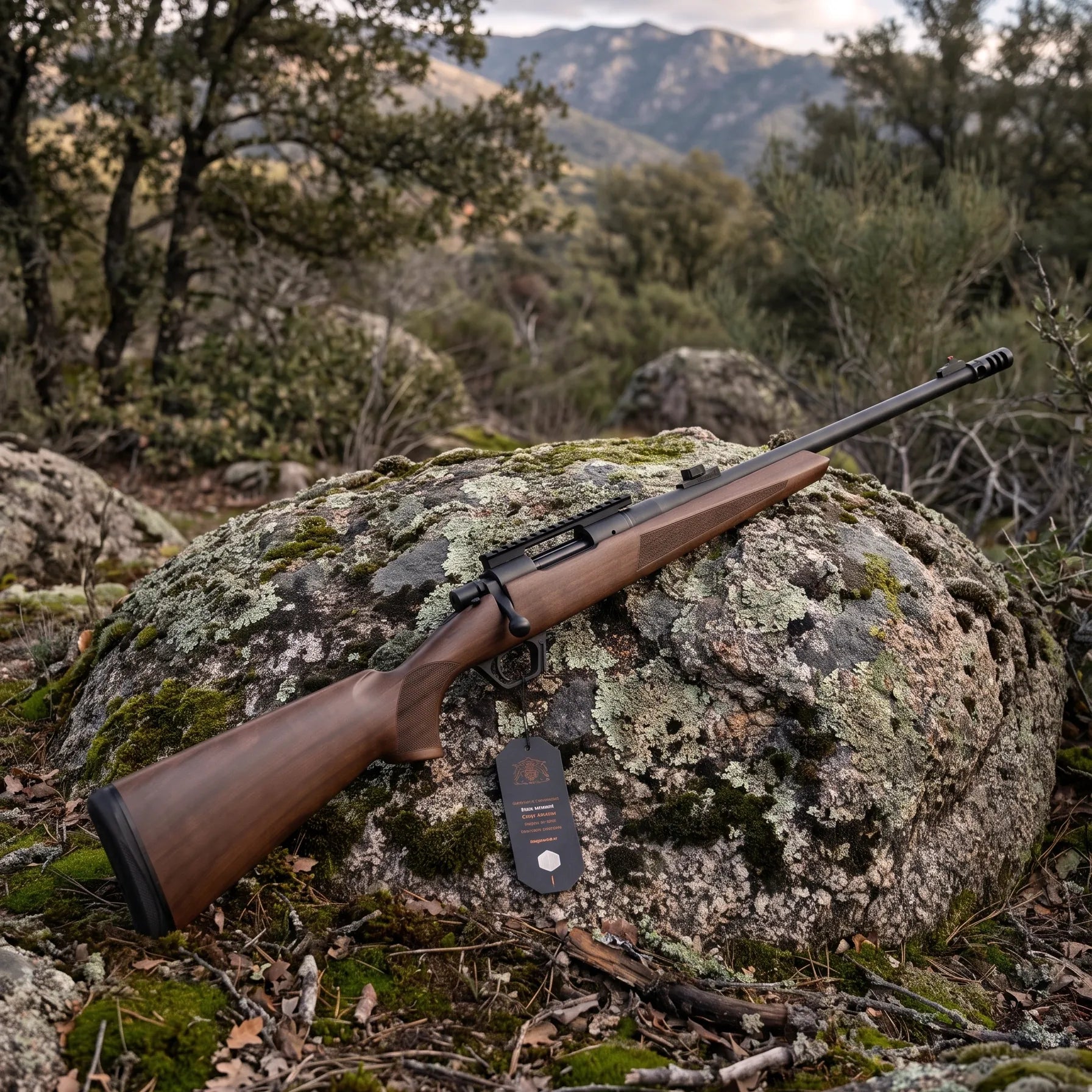 Rifle Huglu Ovis G2 Wooden calibre .308 Winchester con culata de nogal apoyado sobre rocas en un entorno natural