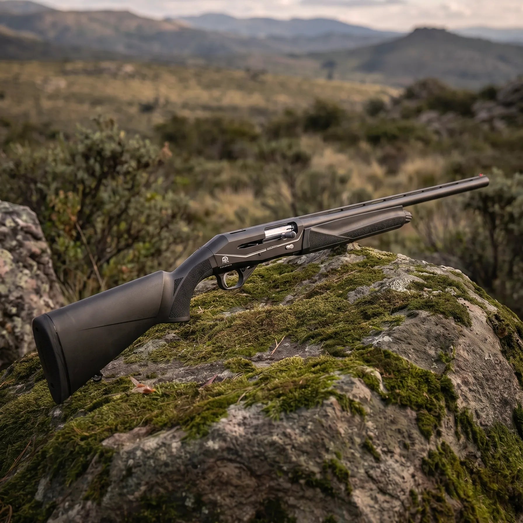 Escopeta semiautomática Huglu Renova Synthetic calibre 12/76 apoyada sobre rocas en un entorno natural